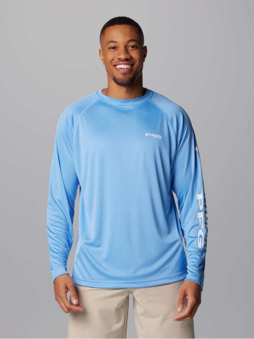 Columbia Men's PFG Terminal Tackle Long Sleeve Shirt in White Cap Blue Logo L
